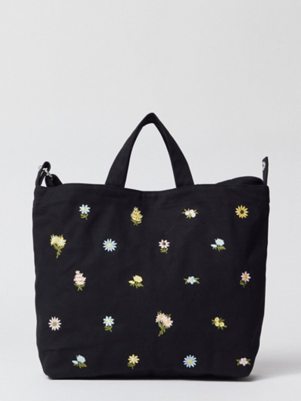 BAGGU Black Crossbody Tote with Pastel Floral Embroidery